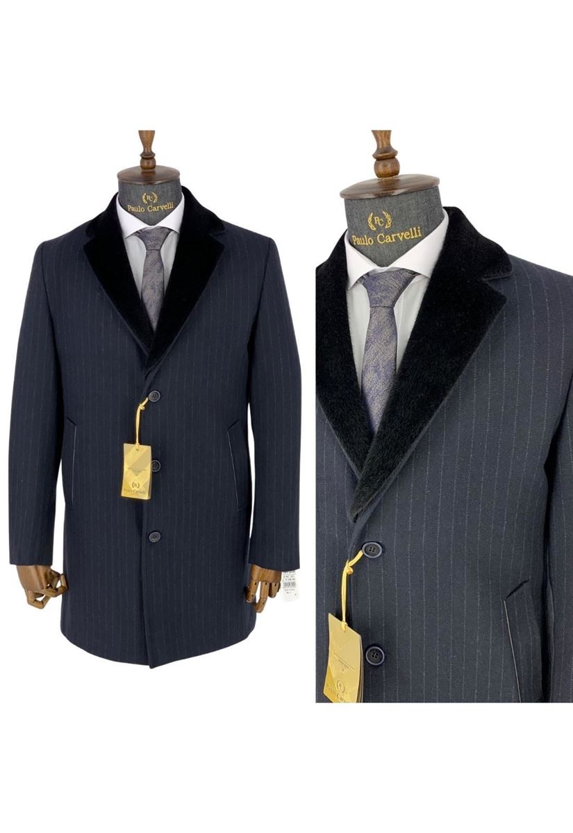 Picture of NAVY BLUE COLLAR DETAILED FLAT STRIPED COAT
