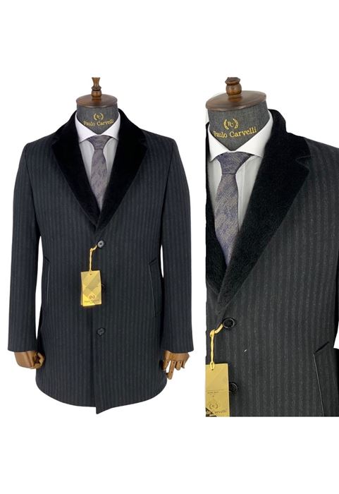 Picture of BLACK COLLAR DETAILED FLAT THICK STRIPED COAT