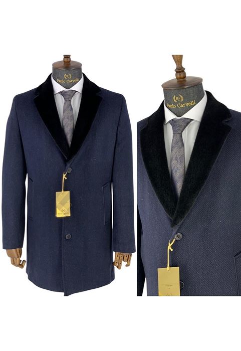 Picture of NAVY BLUE FLAT PATTERNED COLLAR DETAILED COAT