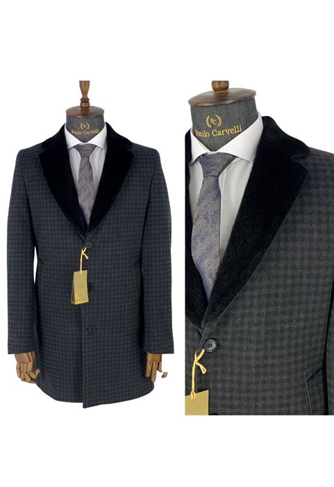 Picture of BLACK SQUARE STRIPED COLLAR DETAILED COAT