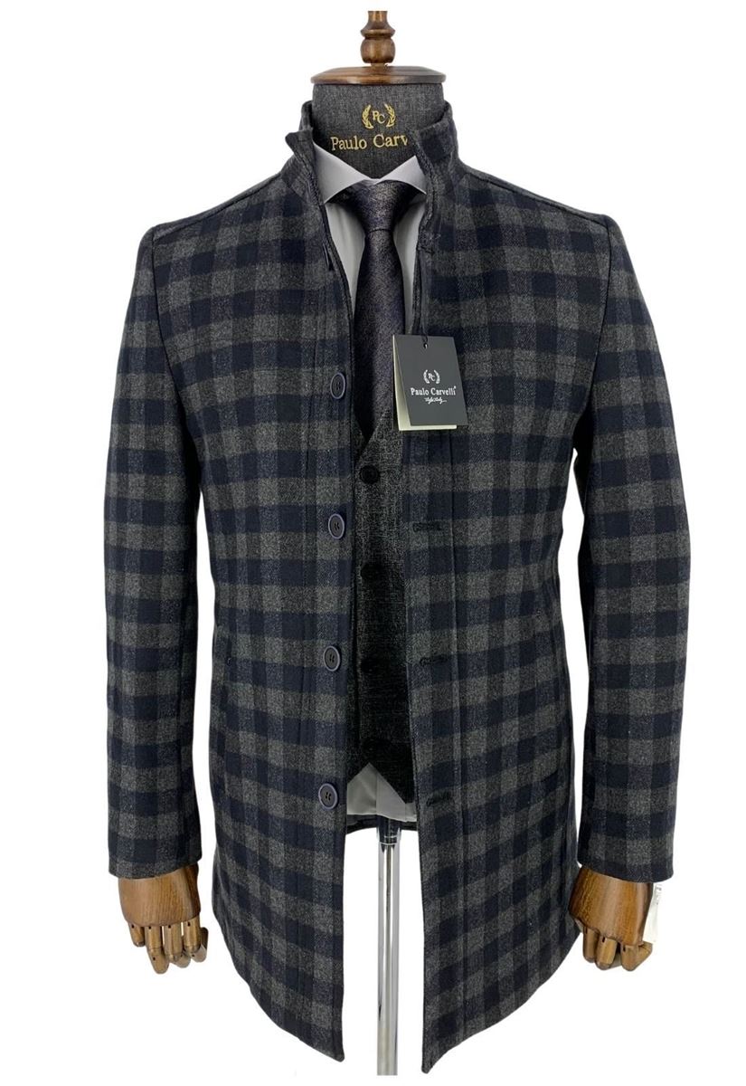 Picture of NAVY BLUE AND GRAY SQUARE PATTERNED COAT