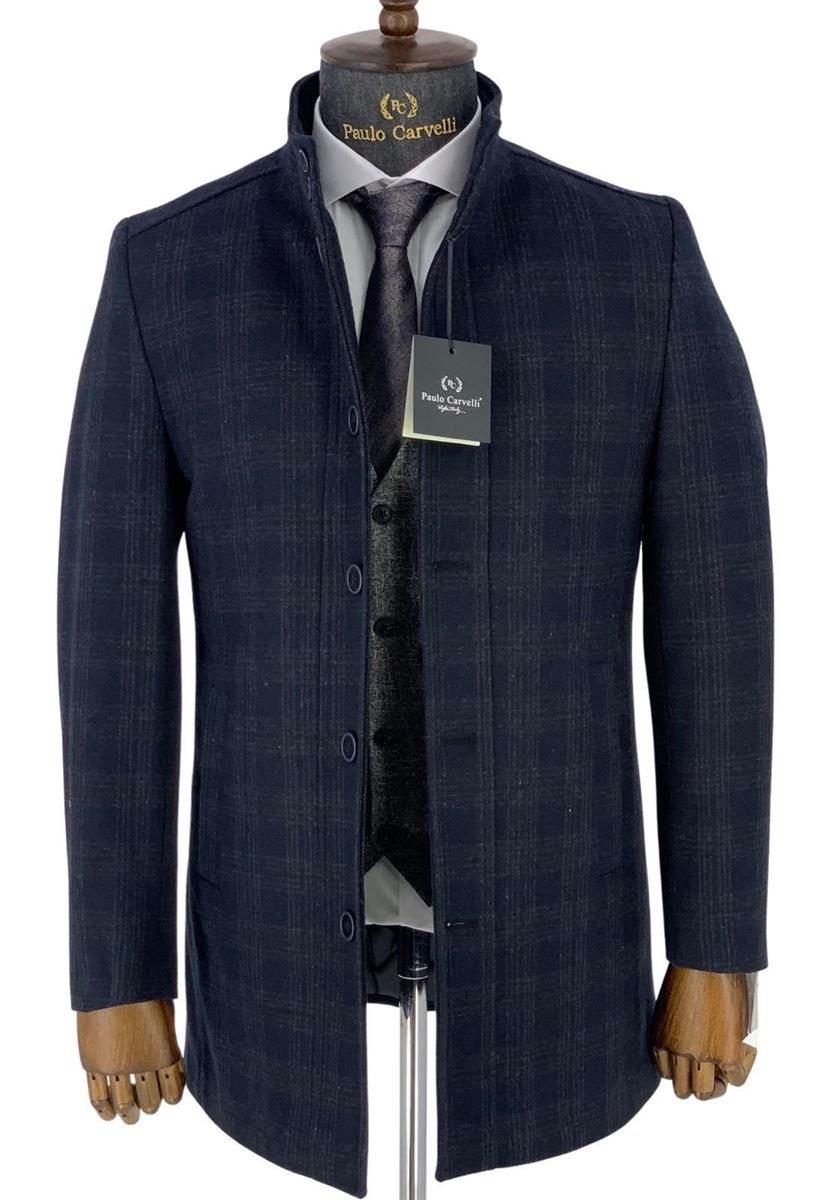 Picture of NAVY BLUE GRAY FLAT STRIPED SQUARE PATTERNED COAT