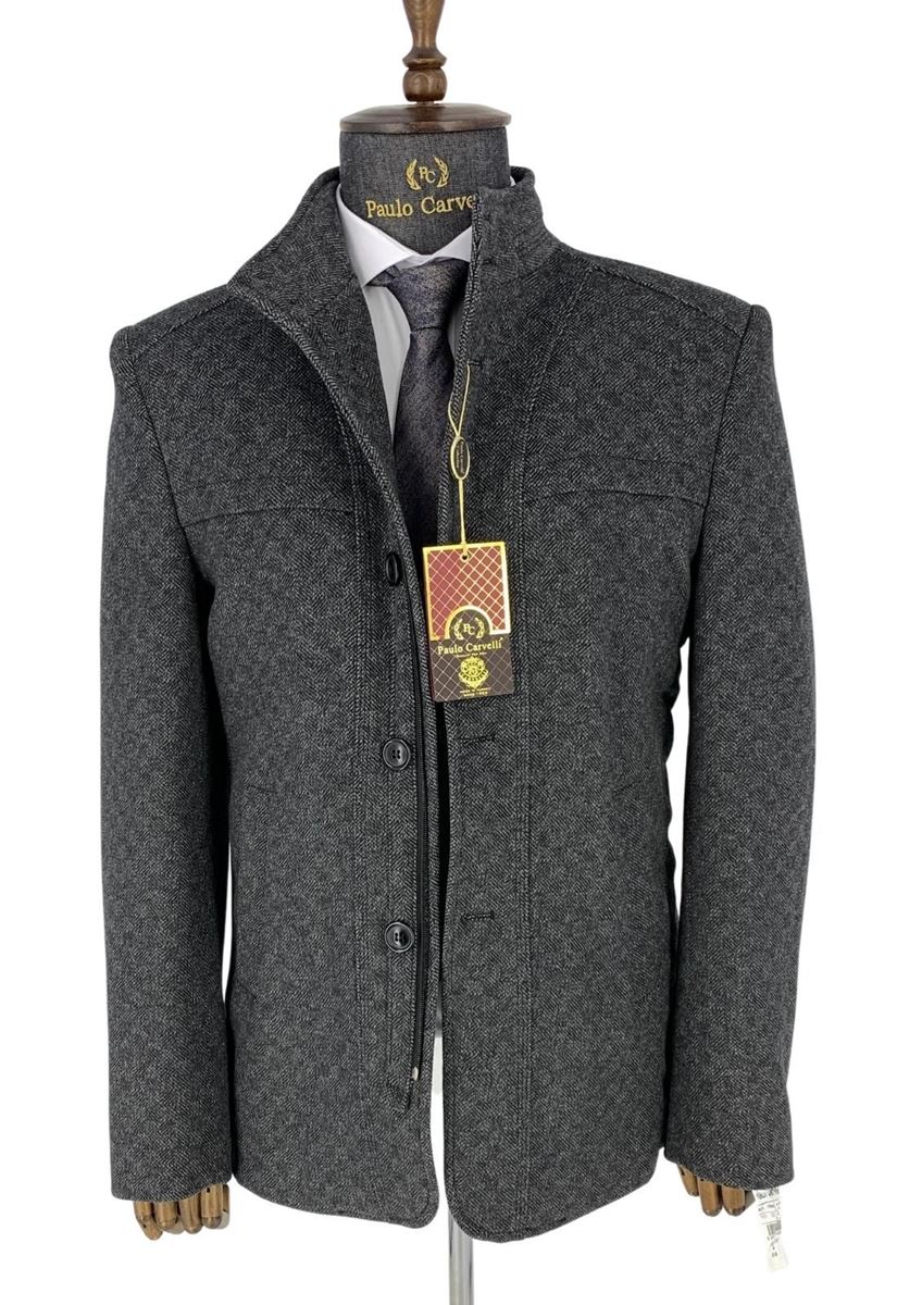 Picture of DARK GRAY KNIT AND SQUARE PATTERNED COAT