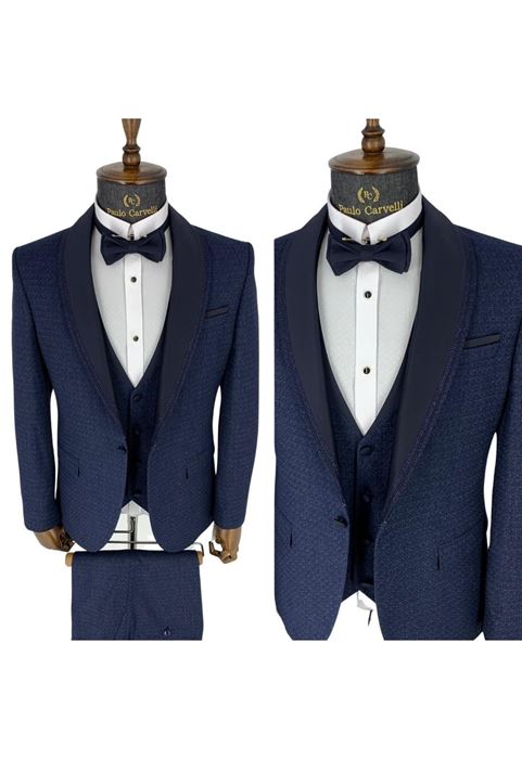 Picture of NAVY BLUE KNIT PATTERNED NAVY BLUE COLLAR DETAILED TUFFED