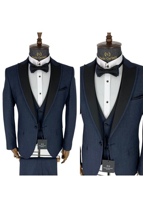 Picture of DARK BLUE STRAIGHT LINE PATTERNED BLACK COLLAR DETAILED TUFFED