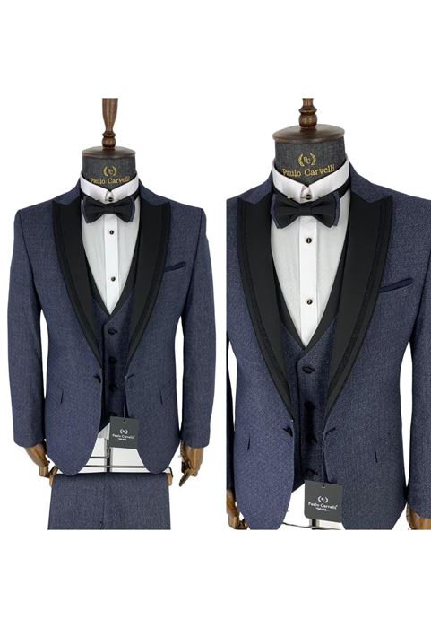 Picture of DARK ICE BLUE STRIPED PATTERNED BLACK COLLAR DETAILED SMOKINE