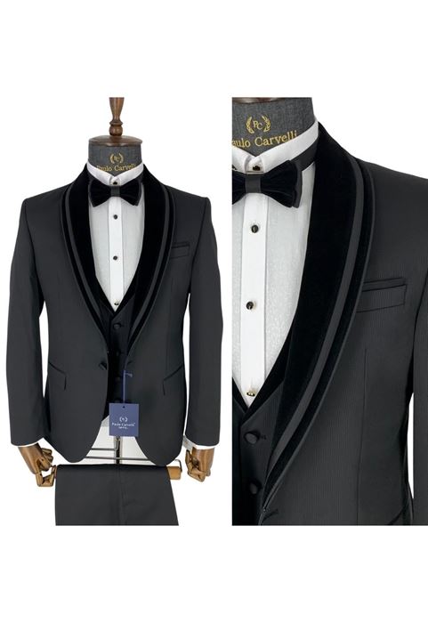 Picture of BLACK STRIP PATTERNED VELVET COLLAR DETAILED TUFFED