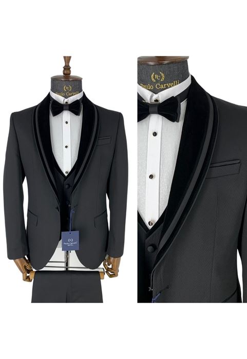 Picture of BLACK CROSS LINE PATTERNED VELVET COLLAR DETAILED TUFFED