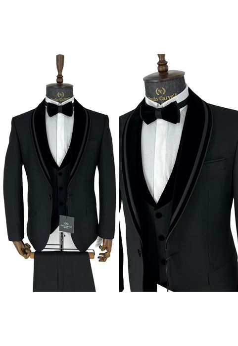 Picture of BLACK FLAT PATTERNED VELVET COLLAR DETAILED TUFFED