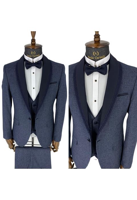 Picture of DARK ICE BLUE KNIT PATTERNED COLLAR DETAILED TUNK