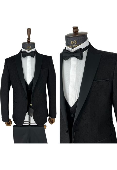 Picture of GLOSSY BLACK EMBOSSED PATTERNED COLLAR DETAILED TUFFED