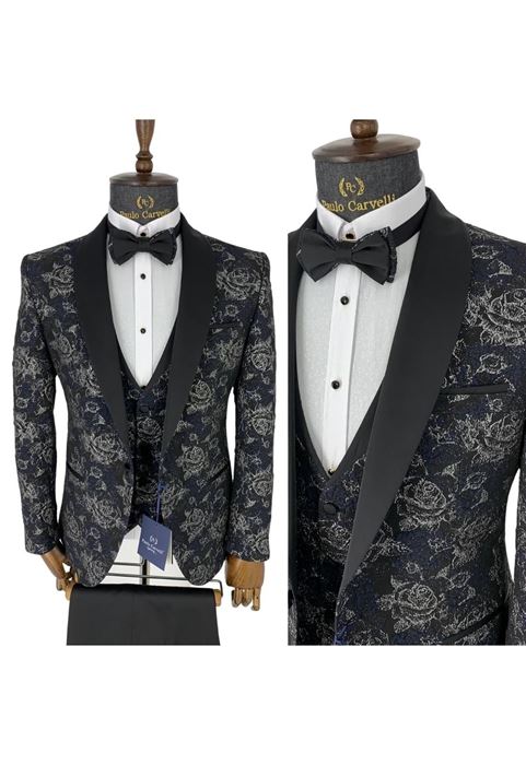 Picture of DARK NAVY WHITE FLOWER PATTERNED COLLAR DETAILED TUFFED