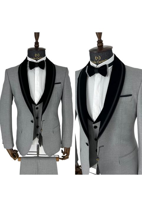 Picture of GRAY STRAIGHT LINE PATTERNED BLACK VELVET COLLAR DETAILED TUFFED