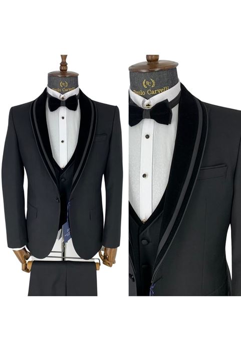 Picture of MATTE BLACK STRAIGHT LINE PATTERNED BLACK VELVET COLLAR DETAILED TUFFED