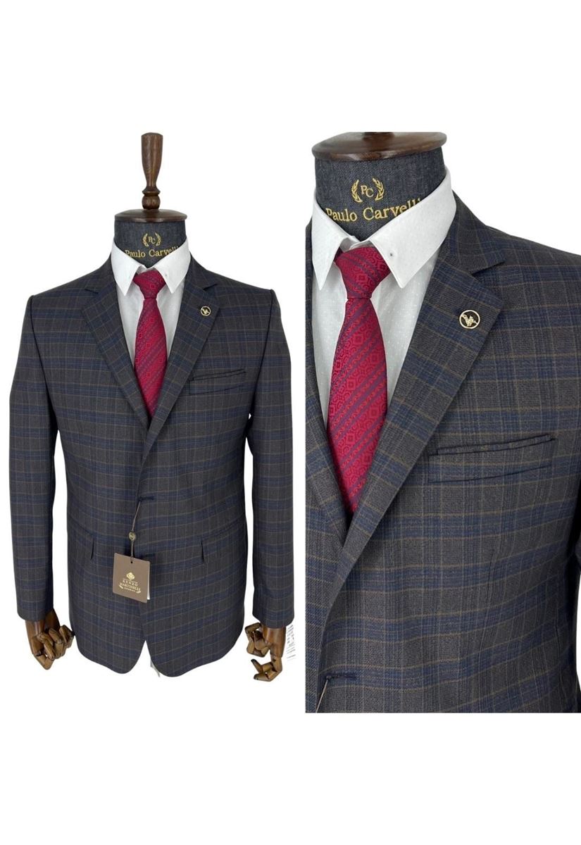 Picture of SMOKED NAVY BLUE SQUARE LINEAR PATTERNED SUIT