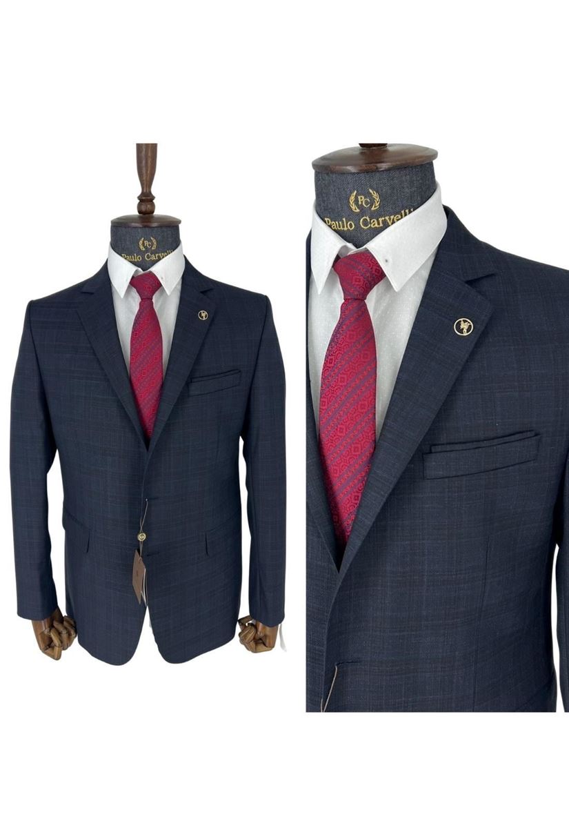 Picture of NAVY BLUE SQUARE STRIP PATTERN SUIT