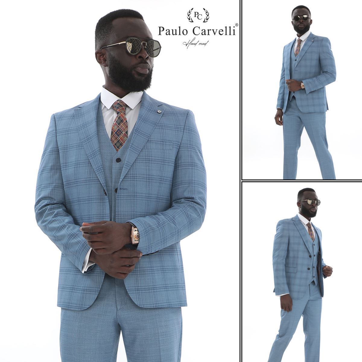 Picture of ICE BLUE SQUARE PATTERNED VEST SUIT